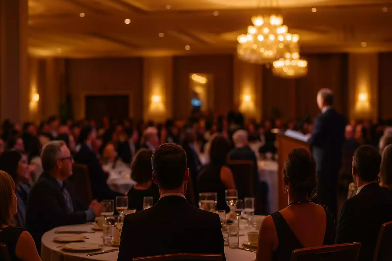 A warmly lit banquet hall filled with formally dressed guests seated at round tables, all facing a speaker at a podium. Crystal chandeliers glow overhead as the audience listens attentively, with the speaker slightly out of focus in the foreground on the right side of the image.