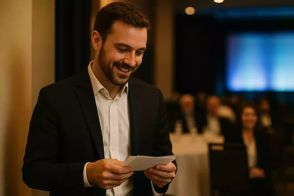 A professional event host stands backstage, smiling as he reviews bullet-point note cards. Warm lighting illuminates him, while a blurred audience and stage area are visible in the background.