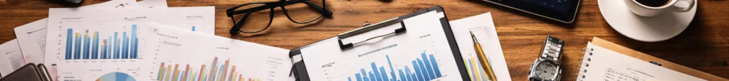 Overhead photograph of a desk with printed financial charts, a laptop, tablet, calculator, clipboard, notebook, pen, coffee cup, and wristwatch arranged on a wooden surface.