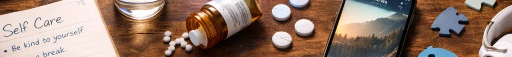 Overhead photograph of a desk with items related to self-care, including a notebook, pills in a bottle, loose tablets, headphones, tea, puzzle pieces, a smartphone, and a decorative brain model.