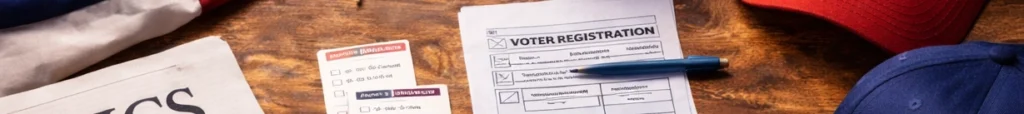 Overhead photograph of political materials on a wooden surface, including voter registration forms, campaign buttons, newspapers, notebooks, microphones, hats, small flags, and a folded American flag.