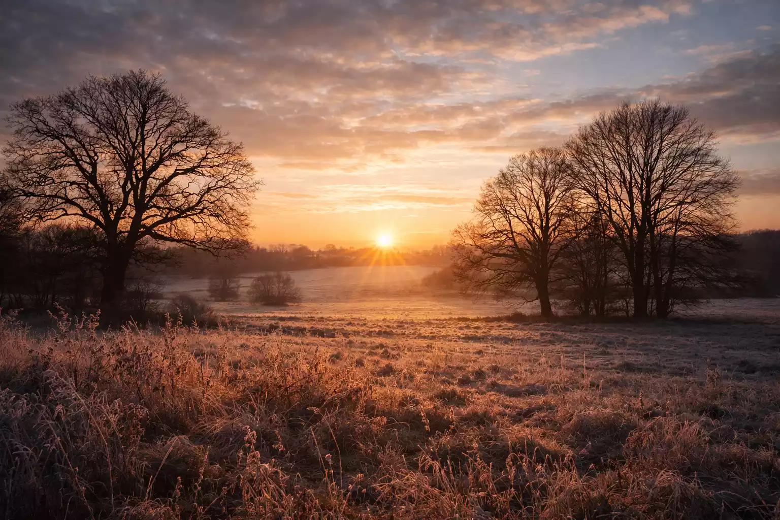 A wide rural landscape in winter shows a frost-covered field under a low setting sun. Leafless trees frame the scene on both sides, their dark branches silhouetted against a pale sky. The light is soft and golden, casting long shadows across frozen grass. No people or buildings are visible, emphasizing stillness and seasonal quiet.